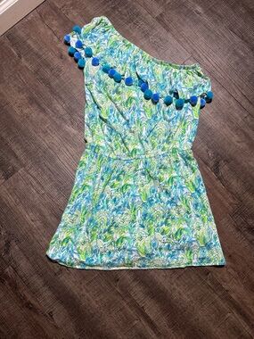 Lilly Pulitzer Blue & Green One-Shoulder Pom Pom Dress